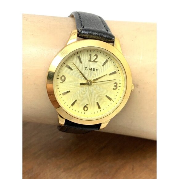 Timex Women\'s Watch TW2V36000 Quartz Gold Black Leather Band 32mm